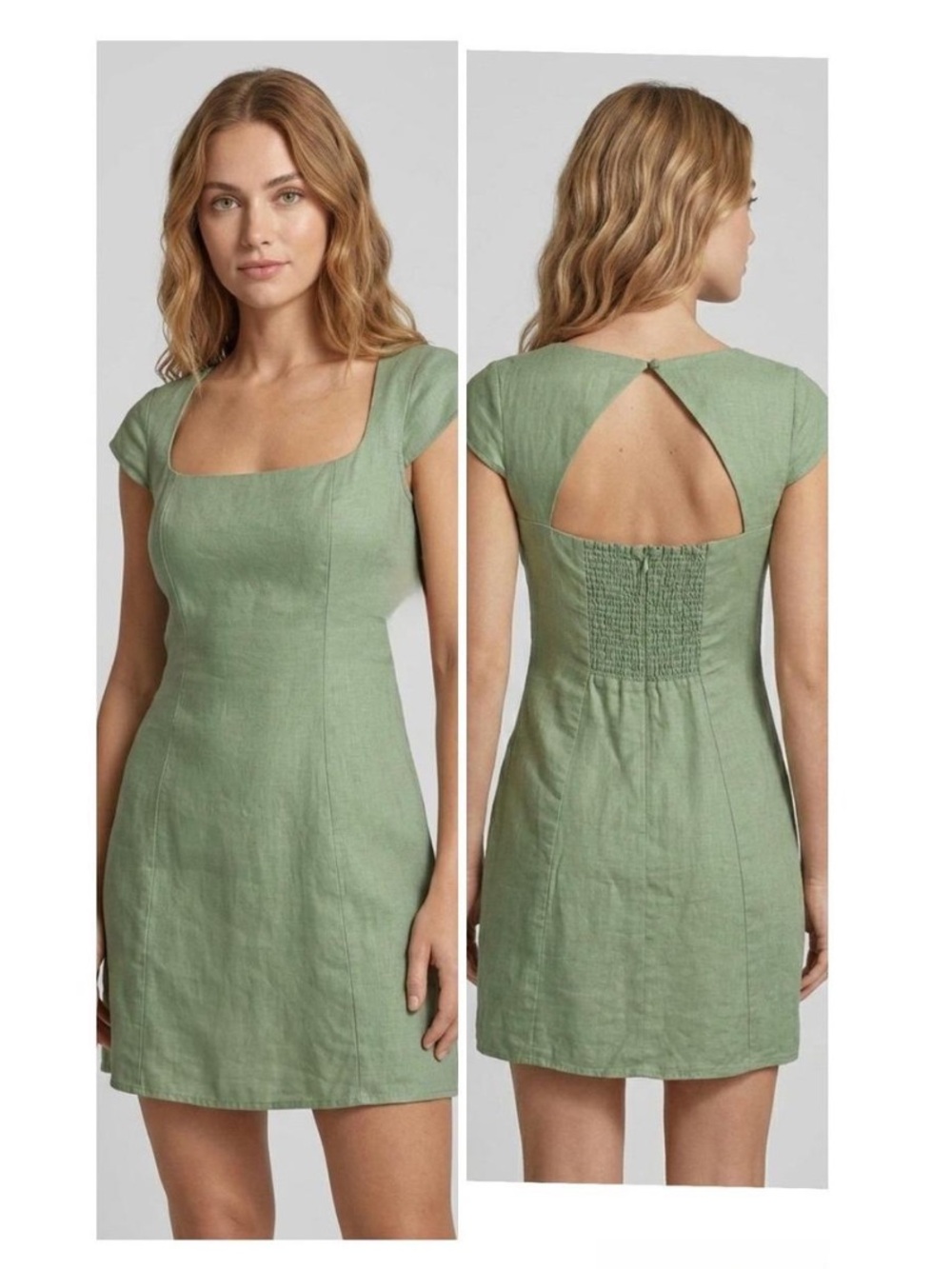 House of Harlow 1960 Linen Green Square Neck Cap Sleeve Sheath Dress